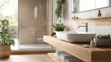 Modern bathroom featuring a white sink and wooden accents with a sleek shower setup