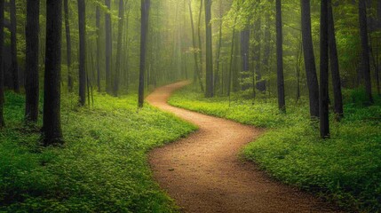 Obraz premium Tranquil Forest Landscape Featuring a Curved Trail Surrounded by Vibrant Greenery