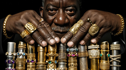 Ethnic portrait of mature African American man displaying gold rings,ornate metalwork.Man's hands unique collection of metal objects,emphasizes culture,craftsmanship of people of African continent