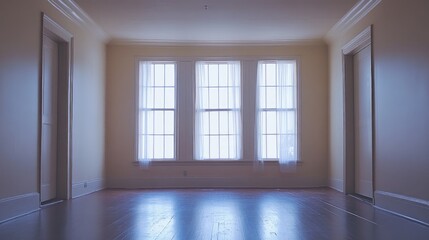 Obraz premium Bright and airy vacant room with large windows, soft color palette, and ample natural light, ideal for showcasing unoccupied property spaces.