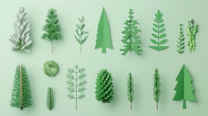 Set of green paper cut trees and plants on light background in minimalist style, flat lay composition