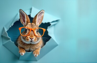 Fototapeta premium Cute bunny wearing orange glasses peeks through hole in blue paper. Playful animal photo. Contemporary style. Perfect for Easter design fun animal theme. Studio shot with minimal background. Bright,