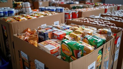 Community food drive boxes filled with various groceries in a large indoor space