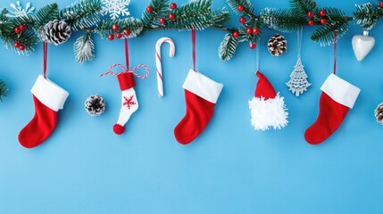 Christmas background with red stockings, candy canes and decorations on a blue background reflecting the festive mood