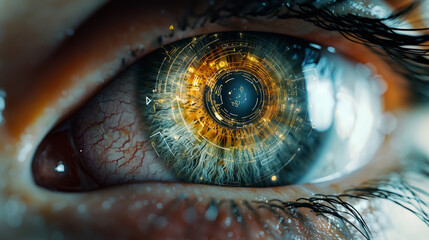 Close-up of a human eye with digital technology overlay
