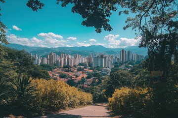 Fototapeta premium Stunning city view from a lush hillside, framed by trees. Perfect for illustrating urban nature, city growth, or travel blogs.