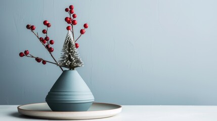 A gray round ceramic vase with red berries and Christmas tree toys on a plate. A minimalist blue-gray background with only one object in focus.