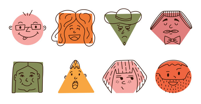 Cute cartoon set of comic faces with joyful and frustrated emotions in geometric shapes. Hand drawn crayon caricature emoticons with line expressions in circle, triangle, rectangle isolated on white.