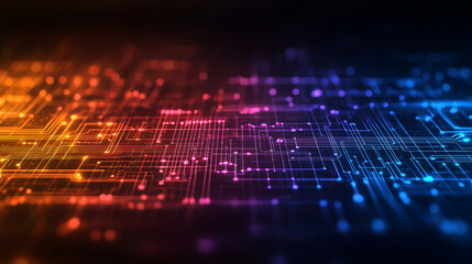 Dynamic circuit board design with glowing pathways and vibrant colors