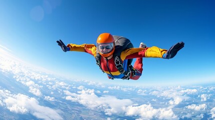 Skydiver freefalling through a clear blue sky, arms outstretched, wearing a vibrant jumpsuit and helmet,