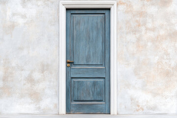 Fototapeta premium A rustic blue door against a textured wall, symbolizing entry and new beginnings.
