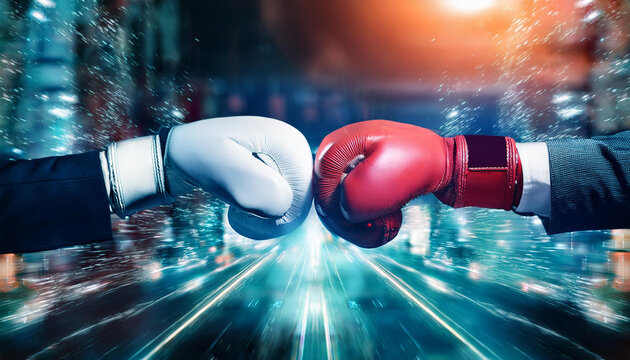 Business Battle:  A dramatic close-up of two boxing gloves poised for impact, symbolizing fierce competition and the fight for market dominance.
