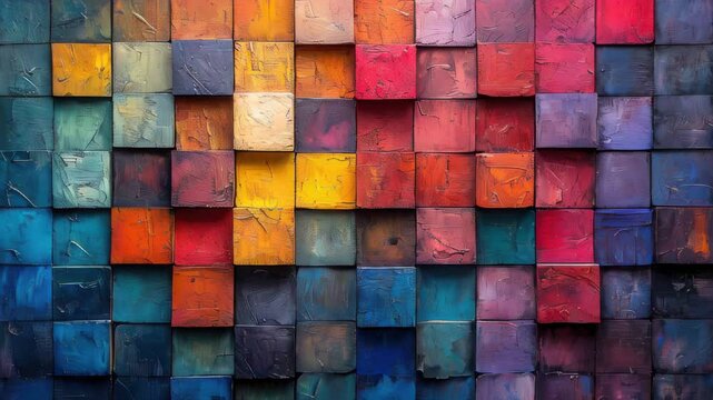 Brightly colored blocks of paint are arranged in a pattern