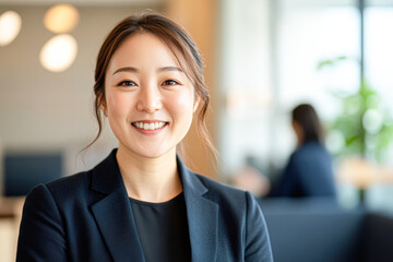 Fototapeta premium Confident businesswoman smiling in modern office setting inspires professional success