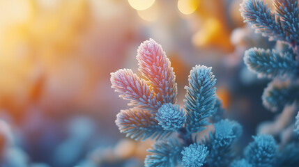 Frosty pine needles glowing in warm winter light