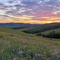 Obraz premium Serene mountain meadow adorned with blooming wildflowers, a clear blue stream meandering through, and majestic snow-capped peaks rising in the background