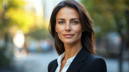 Naklejka premium Confident businesswoman in city setting looking professional and poised