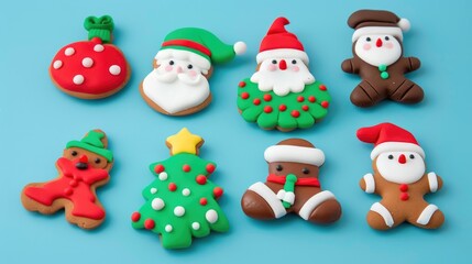 A set of cute Christmas cookies with a blue background. The cookies are colorful and detailed, reflecting the atmosphere of festive baking.