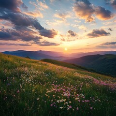 Obraz premium Serene mountain meadow adorned with blooming wildflowers, a clear blue stream meandering through, and majestic snow-capped peaks rising in the background