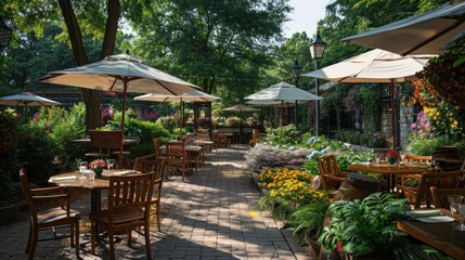 A charming outdoor garden caf&eacute; with wooden tables, colorful flowers, stone paths, and large umbrellas providing shade, creating a serene and inviting dining atmosphere surrounded by lush greenery.