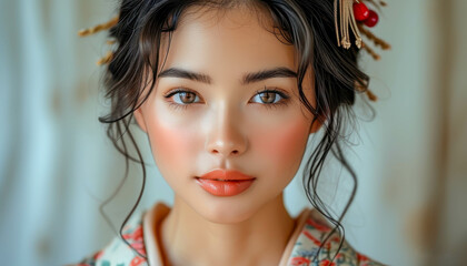 Fototapeta premium Portrait of a young beautiful geisha in a traditional kimono, Japanese culture
