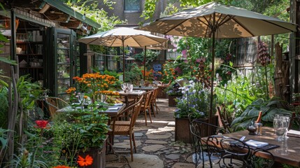 A charming outdoor garden caf&eacute; with wooden tables, colorful flowers, stone paths, and large umbrellas providing shade, creating a serene and inviting dining atmosphere surrounded by lush greenery.