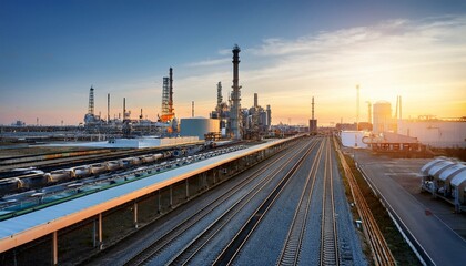 Fototapeta premium Industrial Sunrise: A sprawling industrial complex bathed in the golden hues of sunrise, with towering smokestacks and intricate pipelines, symbolizing the power and progress of modern industry. 