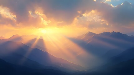 Golden rays of the setting sun breaking through clouds above a serene mountain view