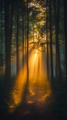 Obraz premium Golden sunlight streams through a misty forest, creating a magical atmosphere.