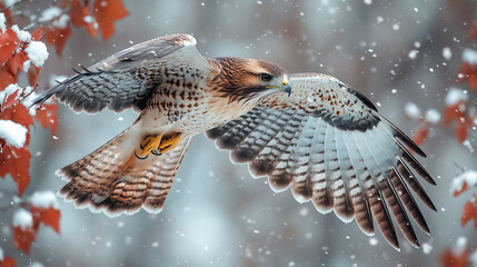 Fototapeta premium Hawk in flight through snowy forest scene