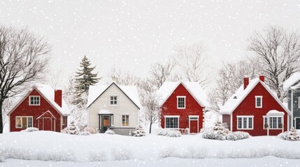 Fototapeta premium Charming winter scene with red and white houses blanketed in snow, surrounded by snow-covered trees and a serene atmosphere