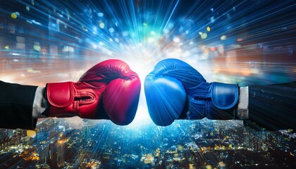 Business Competition: Red and Blue Boxing Gloves Clash.  A dramatic image depicting two businesspeople facing off, their boxing gloves poised for a fierce competition against a vibrant city backdrop.