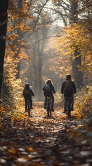 Fototapeta premium A family biking through a serene autumn forest trail.