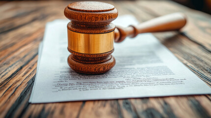 Wooden gavel resting on legal document on rustic table surface