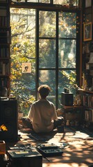 Fototapeta premium Young Asian male meditating in a sunlit room surrounded by nature.