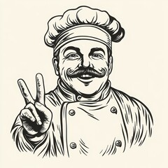 A monochrome vector clipart of an Italian chef with a mustache, gesturing the OK sign, created in a classic vintage style, on a solid background for easy use in logos or illustrations. 