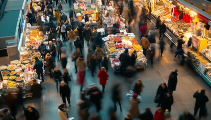 Obraz premium Busy indoor market scene with shoppers browsing various food stalls. Overhead view showcasing a bustling atmosphere and diverse products.