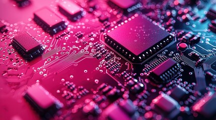 Vibrant Close-Up of a Microprocessor Circuit Board with Colorful Lighting and Intricate Electronic Components for Technology and Innovation Themes