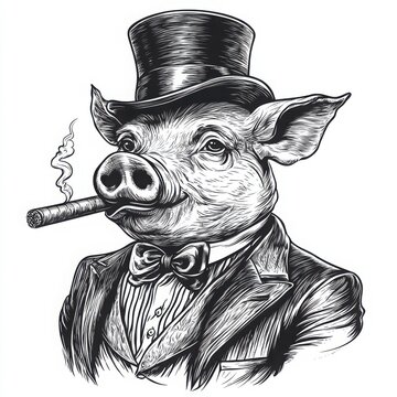recommend clip art: A monochrome vector illustration of a pig dressed in a vintage suit and top hat, smoking a cigar, designed in simple, high-contrast line art