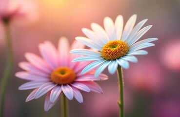 Naklejka premium Beautiful daisy flowers in soft pink, white colors displayed in blurred background. Focus on daisy flowers with delicate petals, vibrant center. Scene suggests lovely springtime summer day. Image