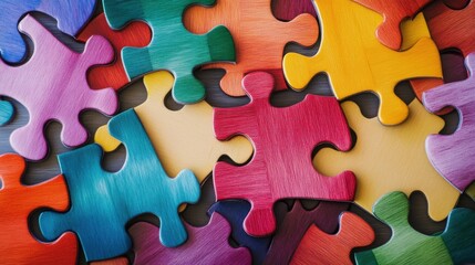 Fototapeta premium Abstract representation of diversity with a mosaic of different colored puzzle pieces fitting together in a minimalist layout, Photo of, symbolizing unity and inclusivity with clean