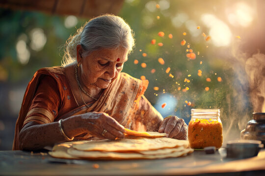 elderly Indian grandmother, lovingly making golden parathas with a jar of spicy mango pickle beside her in a warm, sunlit kitchen