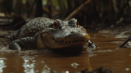 Obraz premium An exotic caiman basks along the muddy banks of an Amazonian river, its ancient form blending seamlessly into the earthy tones of the jungle.