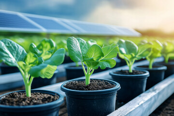 Renewable Cultivation Eco concept. Growing plants in pots under solar panels in greenhouse setting