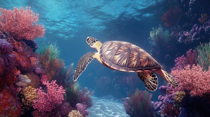 Obraz premium Sea turtle gracefully swimming amidst vibrant coral reefs in a serene and clear ocean scene with diverse marine life surrounding it.
