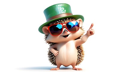 Fototapeta premium cute character stylish hedgehog in hat and sunglasses points with finger on white background. Generative AI illustration 
