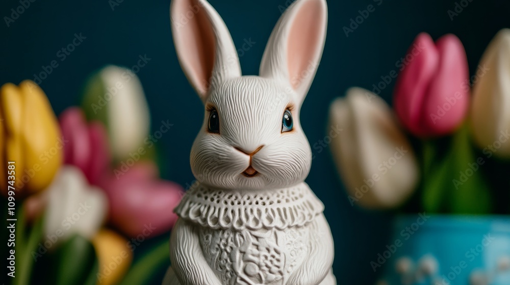 Poster Antique-style Easter bunny figurine nestled among pastel tulips and soft lace, refined and vintage spring charm 