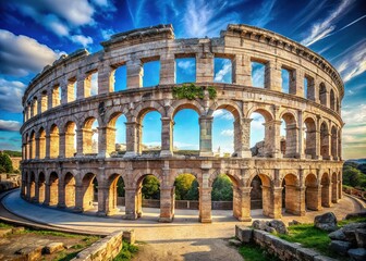Fototapeta premium Stunning photorealistic AI rendering of Pula's ancient amphitheater.