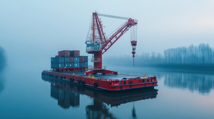 Fototapeta premium Misty River Dawn: Barge-Mounted Container Crane Operation with Specialized Maritime Handling Equipment and Stabilization Systems in Ultra HD Industrial Photography.