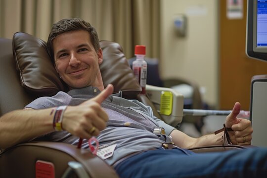 Young Man Donating Blood While Giving Thumbs Up in Comfortable Donation Chair, Showing Positive Attitude and Community Support for Blood Donation Efforts